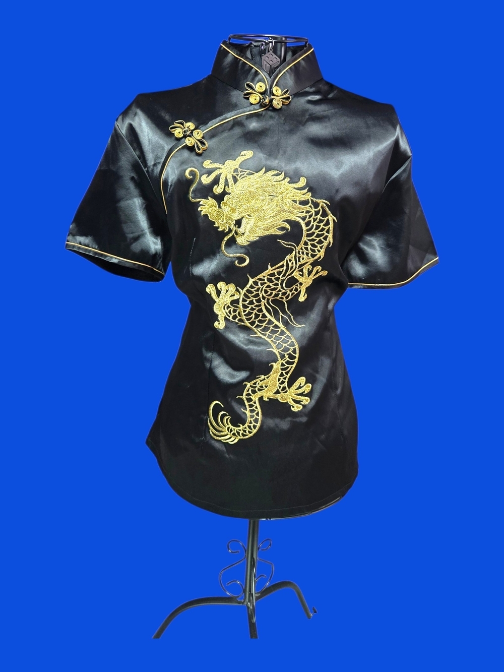 Black Satin Mandarin Collar Top with Gold Dragon Embroidery